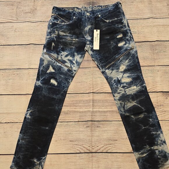 Rock Revival Moto Daviday Jeans Men's Destruction Blue Tie Dye Zippers Stretch